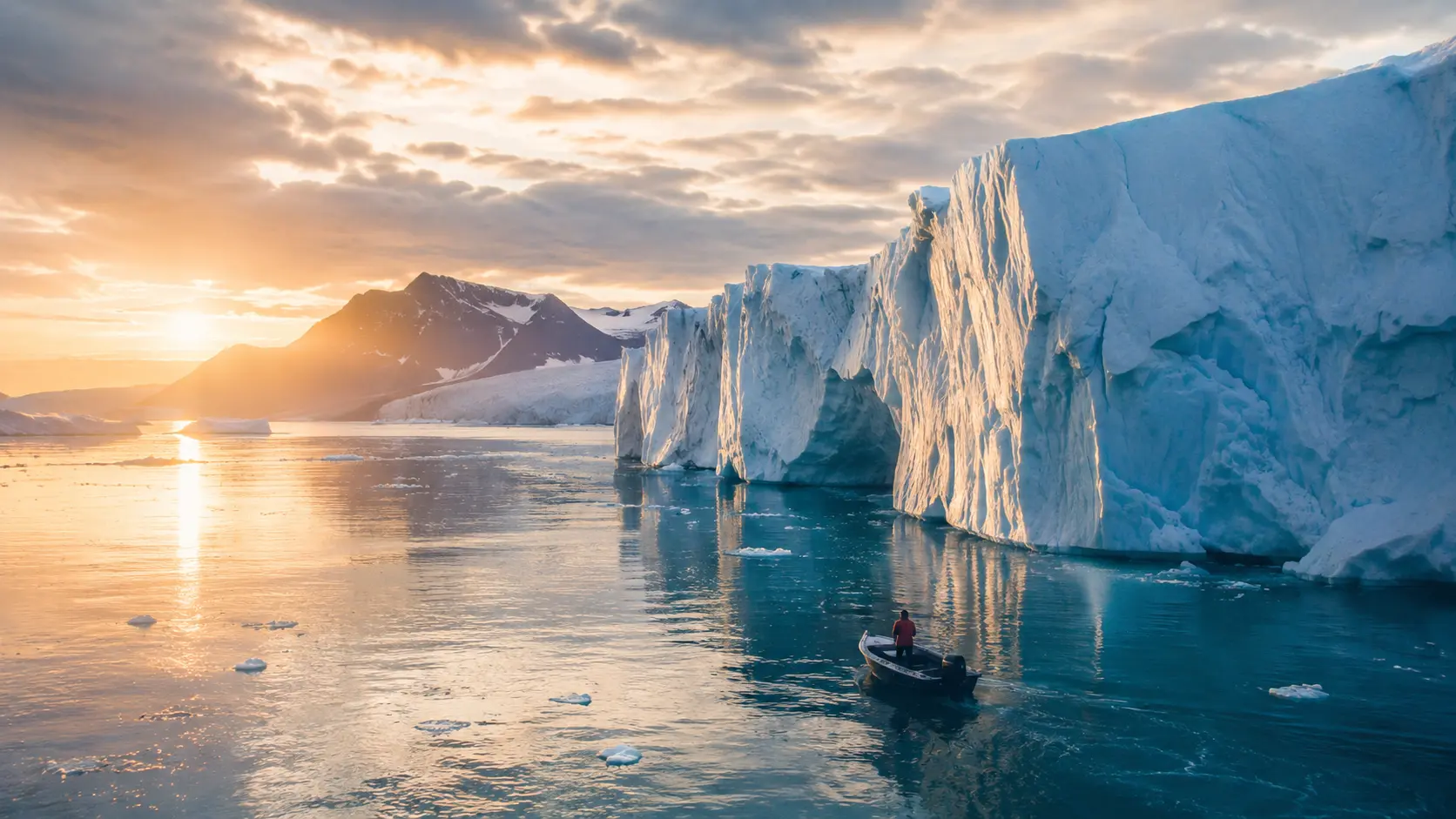 Documentary still: a boat beside a giant iceberg