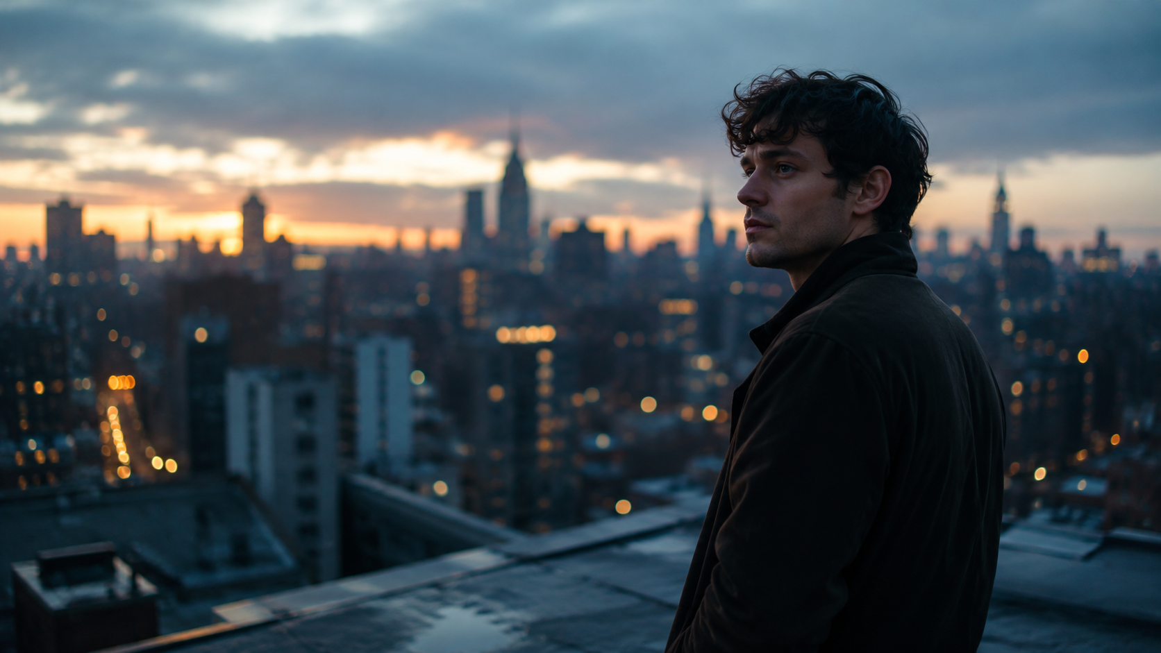 Film still: a man on a rooftop watching a city skyline at dusk