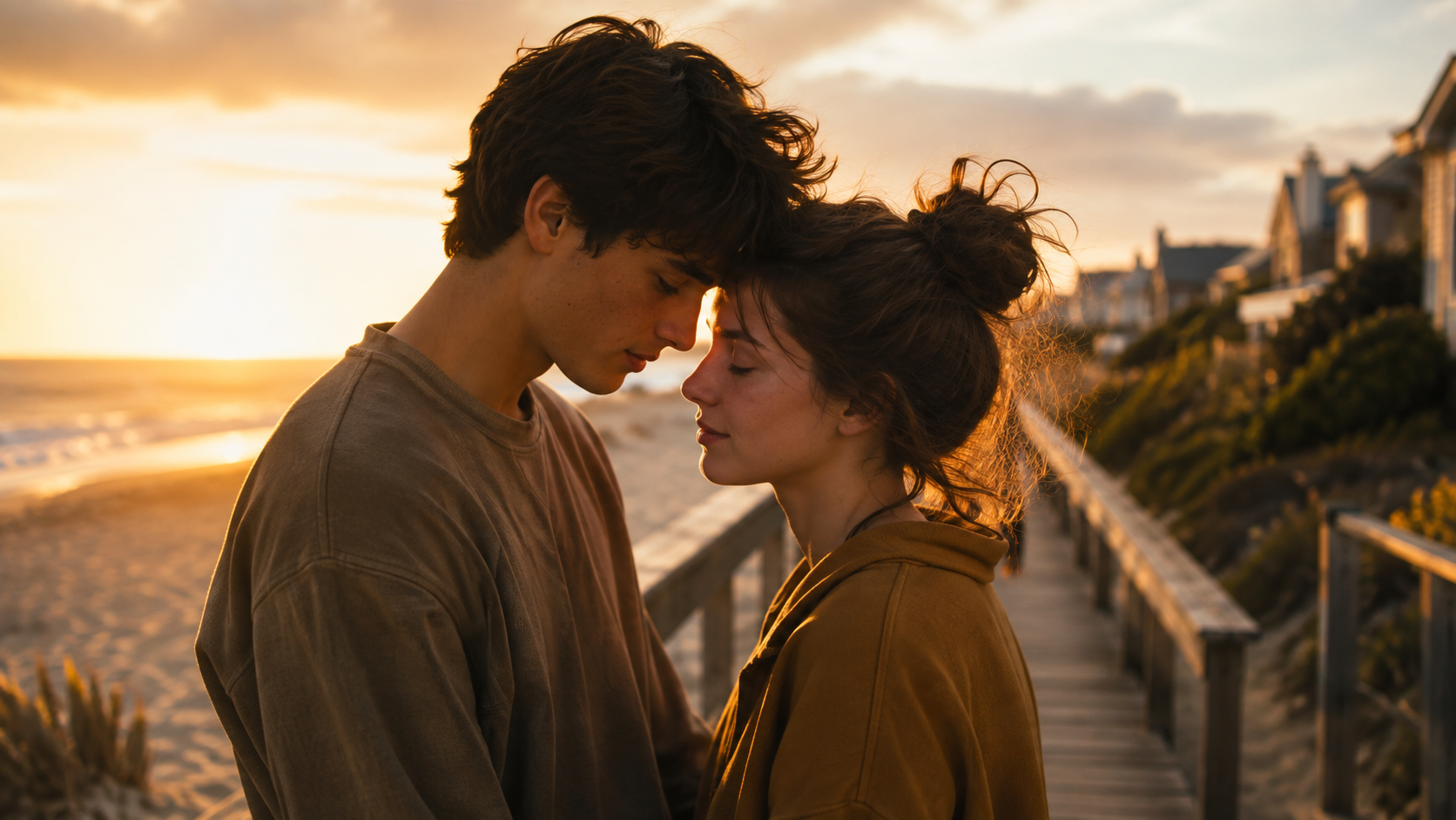 Film still: a couple on a beach boardwalk at sunset