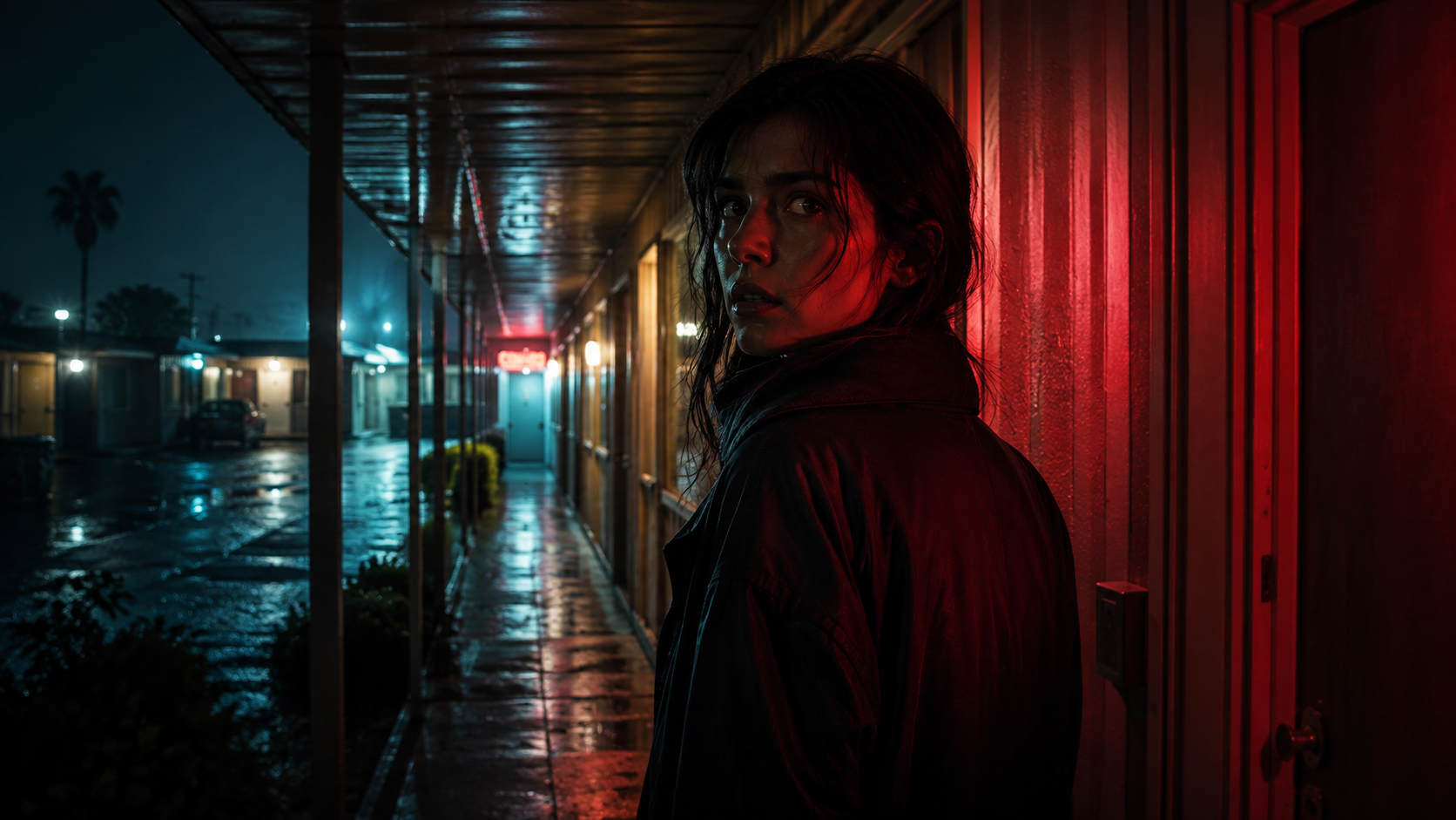 Film still: a woman on a neon-lit motel walkway in the rain