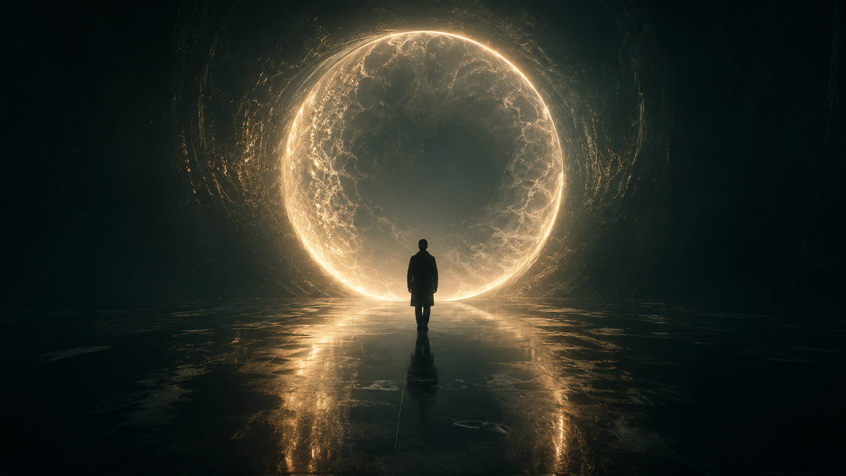 Film still: a figure before a glowing golden portal