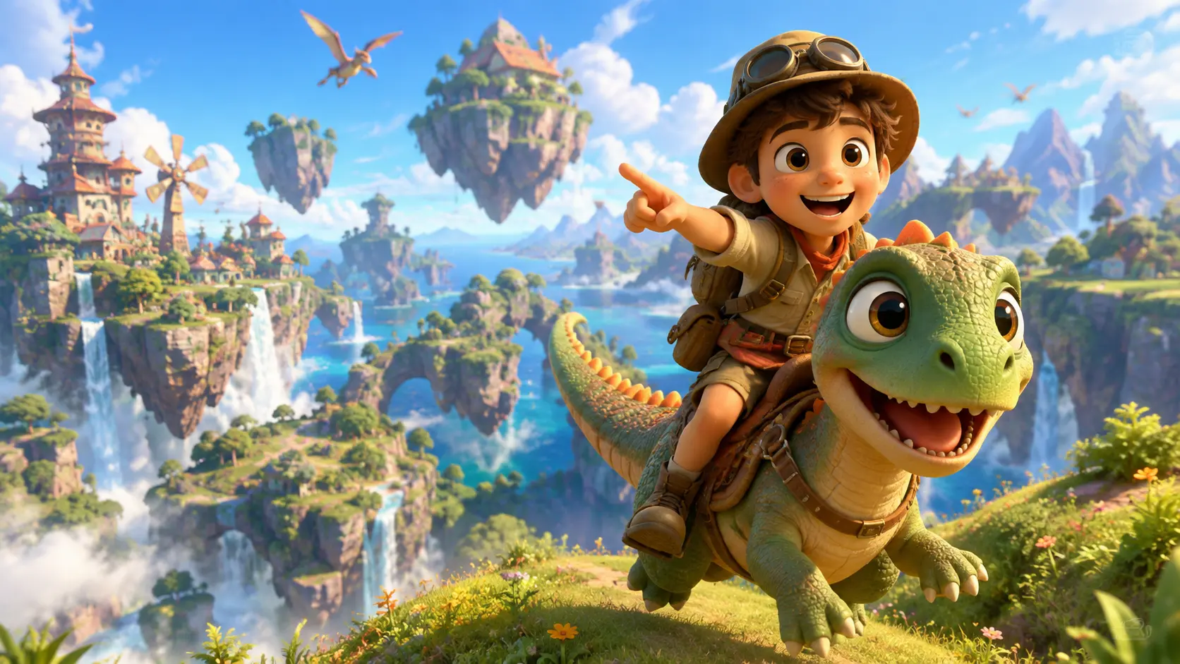 Animated still: a boy riding a friendly dinosaur