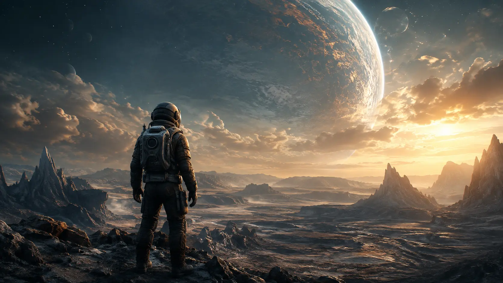 Sci-fi film still: an astronaut standing on a barren alien planet under a large moon