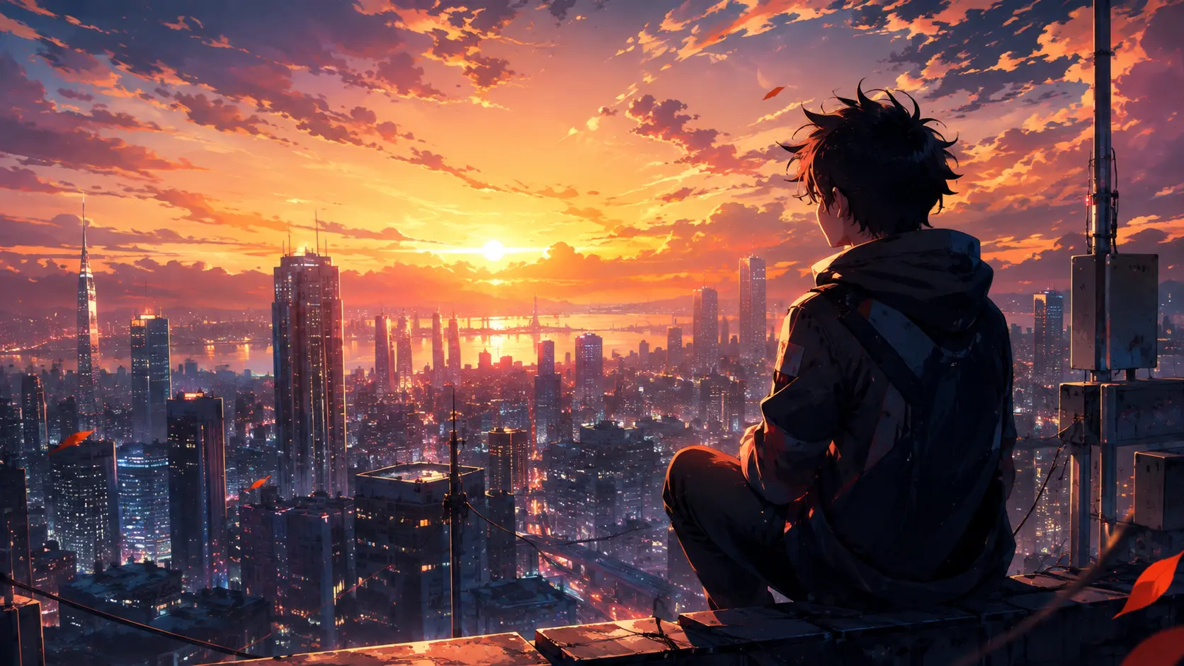 Animated still: a boy above a glowing city at sunset